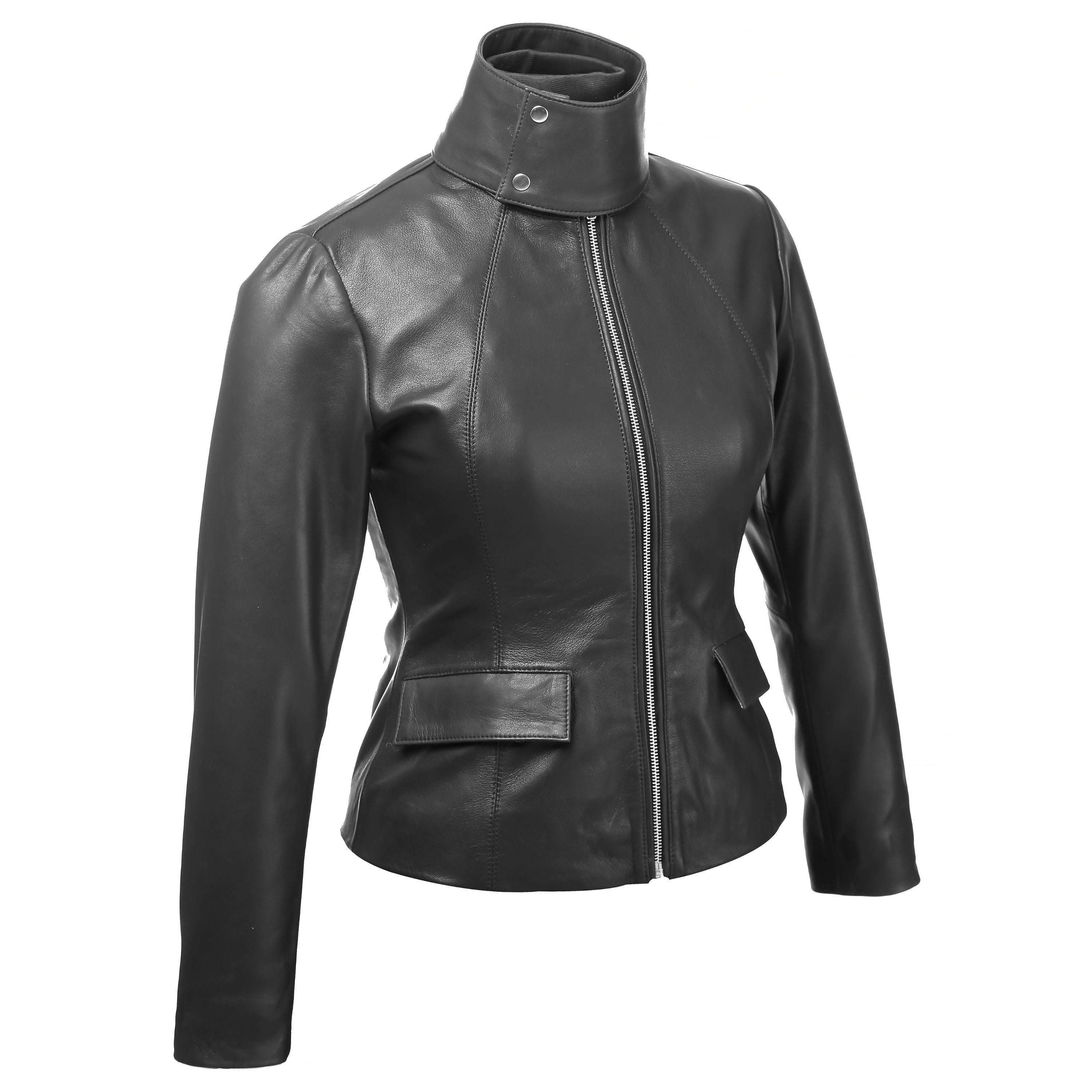Women’s Structured High-Neck Black Leather Jacket