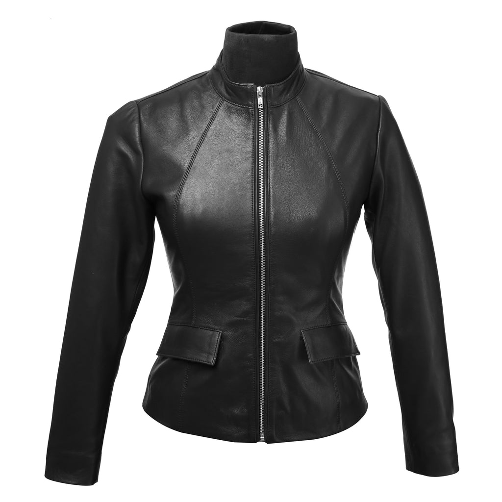 Women’s Structured High-Neck Black Leather Jacket