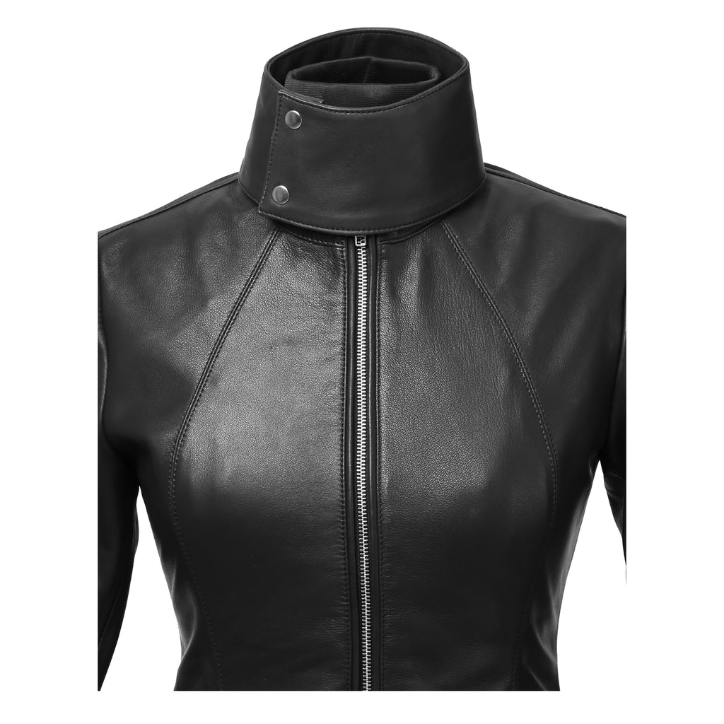 Women’s Structured High-Neck Black Leather Jacket