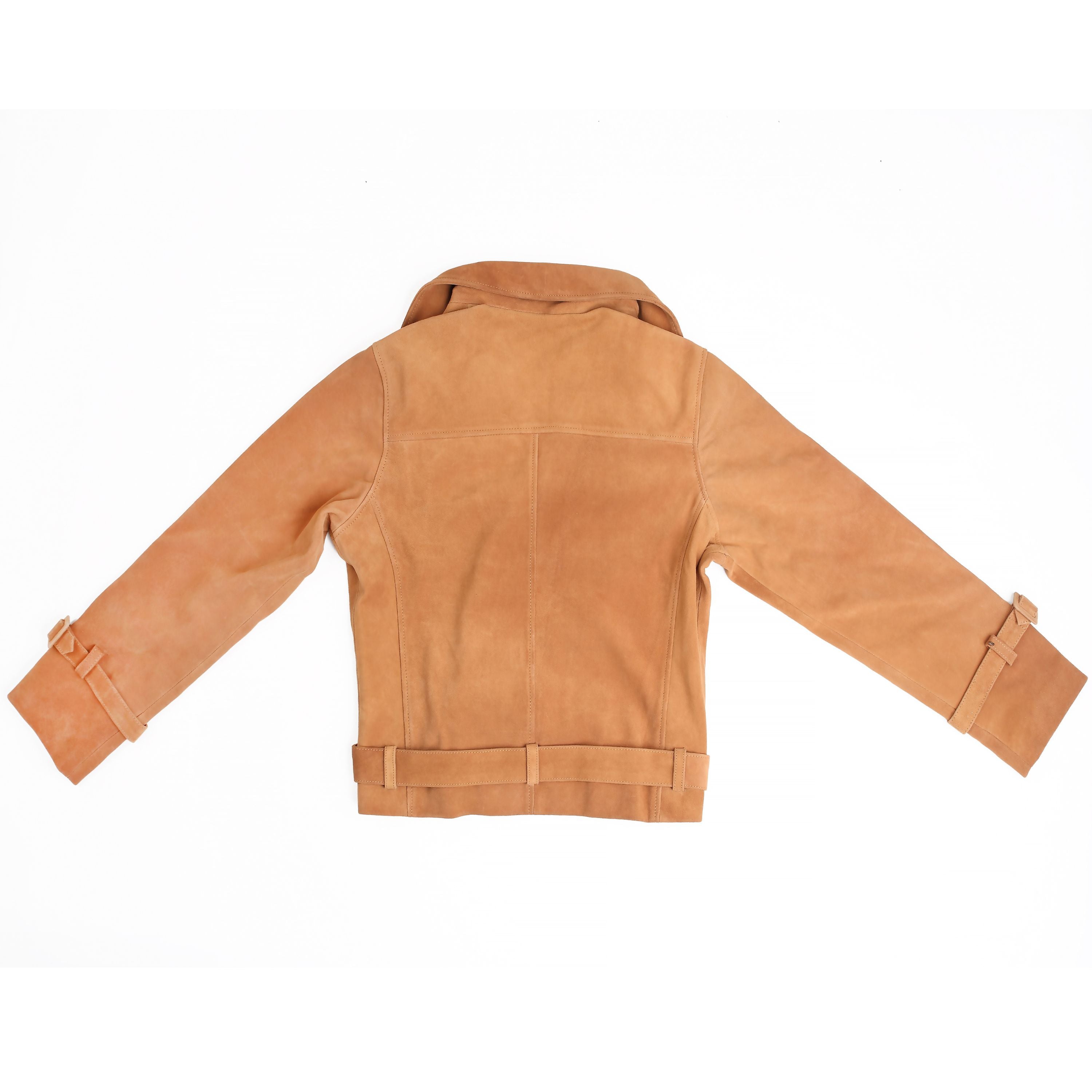 Women’s Suede Crop Trench Jacket – Wide Lapel Sand Leather Jacket