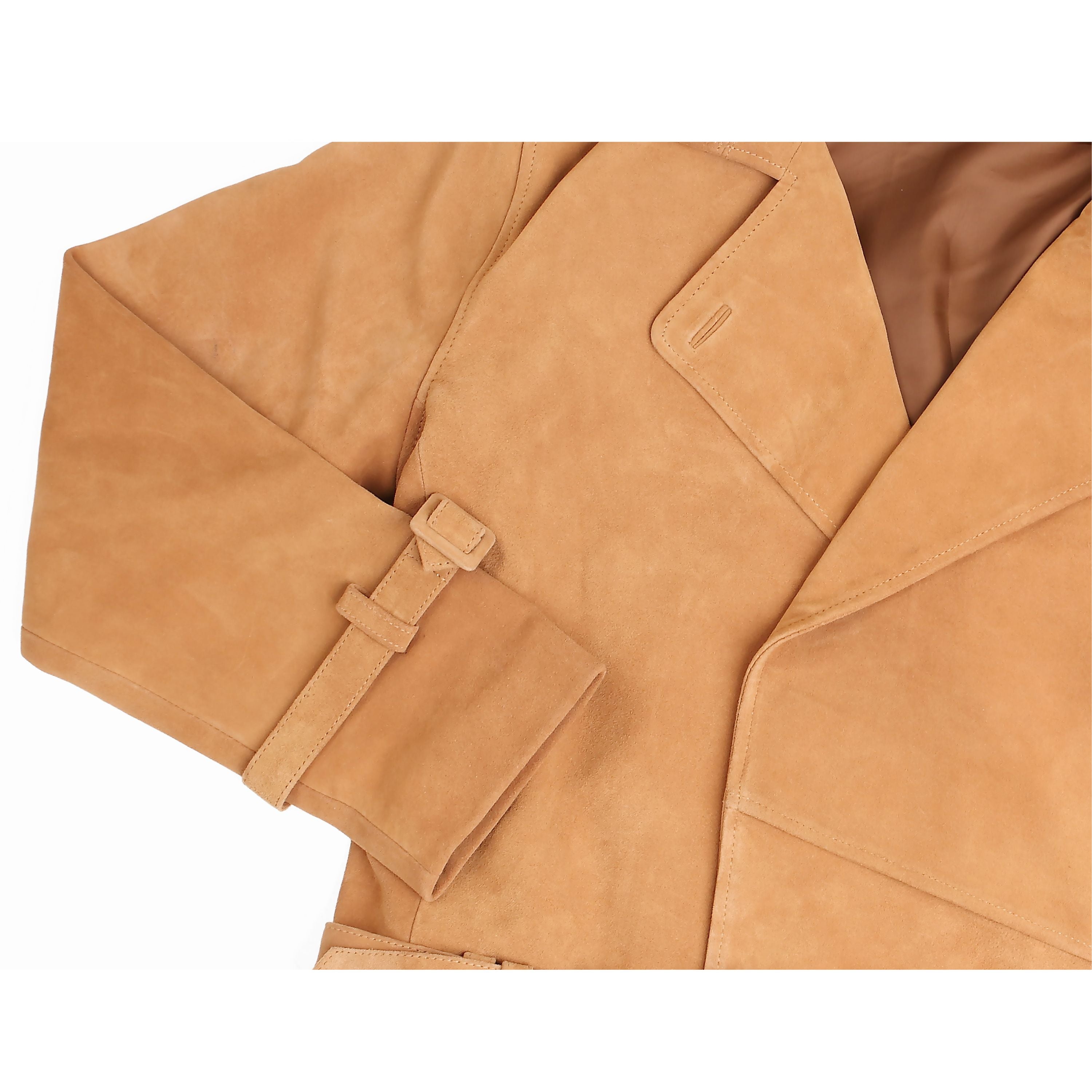 Women’s Suede Crop Trench Jacket – Wide Lapel Sand Leather Jacket