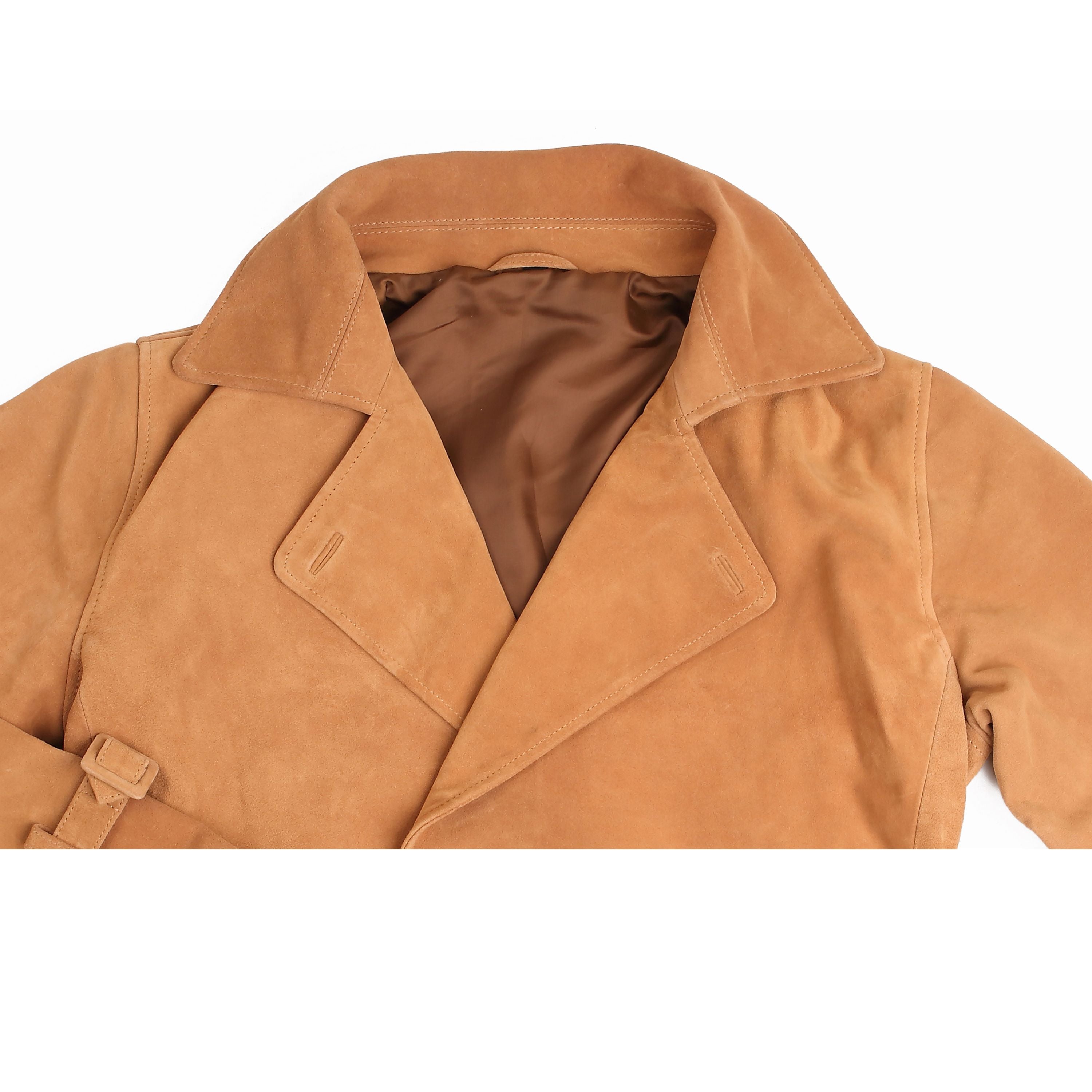 Women’s Suede Crop Trench Jacket – Wide Lapel Sand Leather Jacket