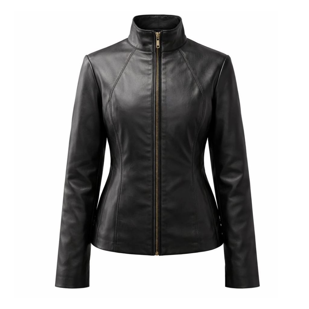 Women’s Sleek Stand-Collar Black Leather Jacket