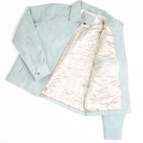 Men’s sage green suede Harrington jacket with classic fit and zipper closure
