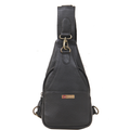 Men’s black leather crossbody sling bag with antique brass zipper and adjustable strap, made from sustainable Cow NDM leather by Tan Lerida