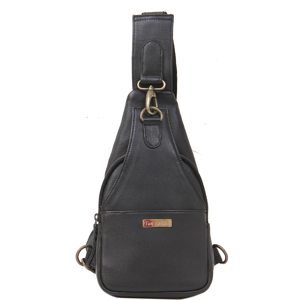 Men’s black leather crossbody sling bag with antique brass zipper and adjustable strap, made from sustainable Cow NDM leather by Tan Lerida
