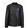 Men's Classic Midnight Black leather jacket with chest pockets, band collar, and antique brass zipper