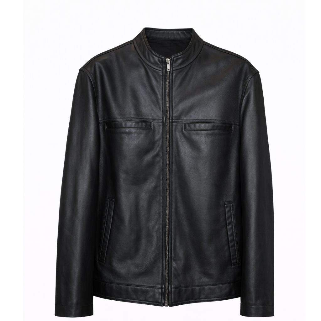 Men's Classic Midnight Black leather jacket with chest pockets, band collar, and antique brass zipper