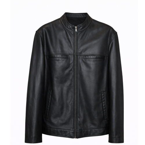 Men's Classic Midnight Black leather jacket with chest pockets, band collar, and antique brass zipper