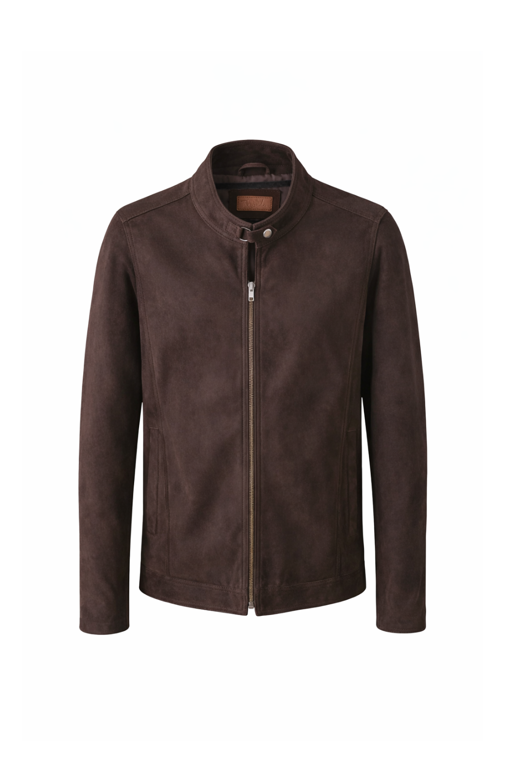 Men's Walnut Brown Nubuck leather racer jacket with snap collar