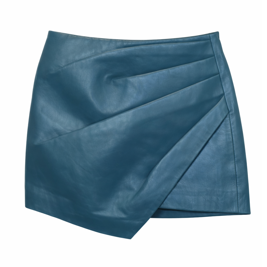Women’s Teal Leather Wrap Mini Skirt Asymmetric Nappa Skirt