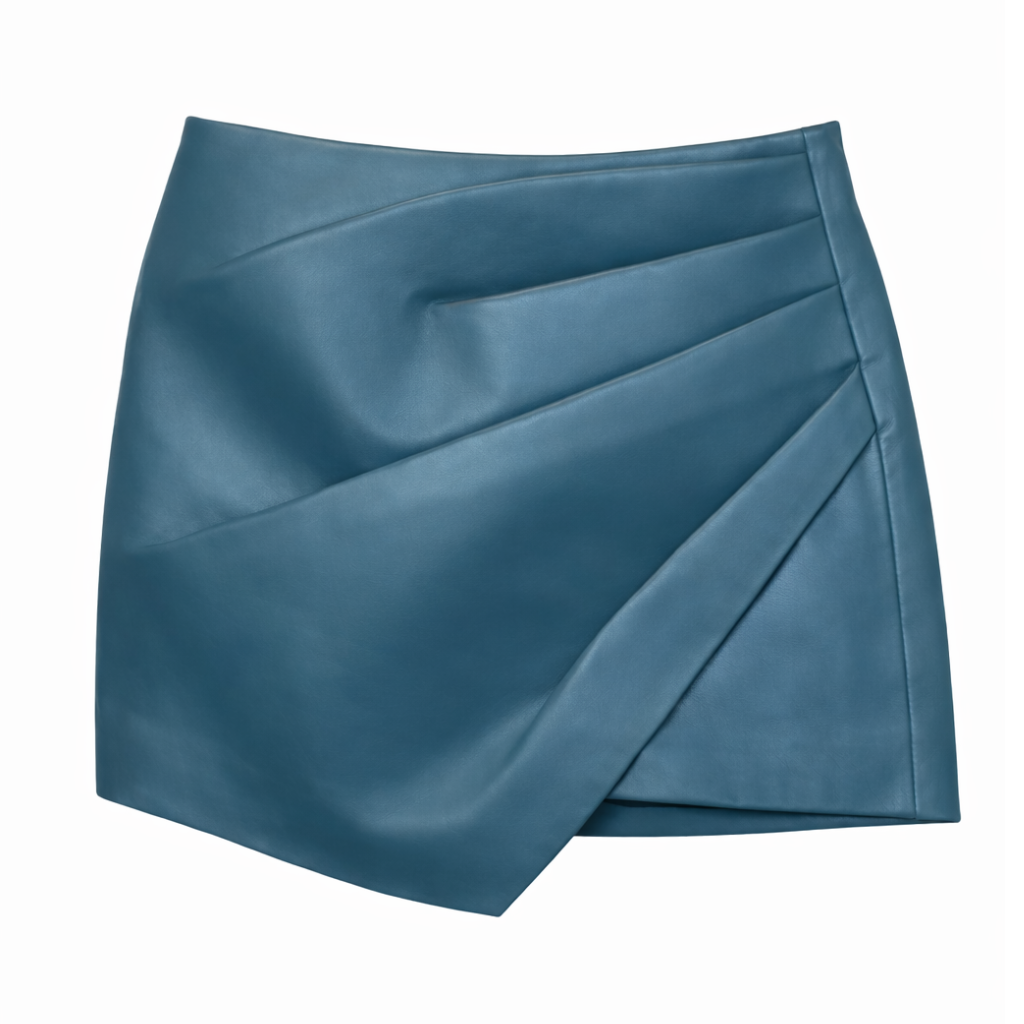 Women’s Teal Leather Wrap Mini Skirt Asymmetric Nappa Skirt