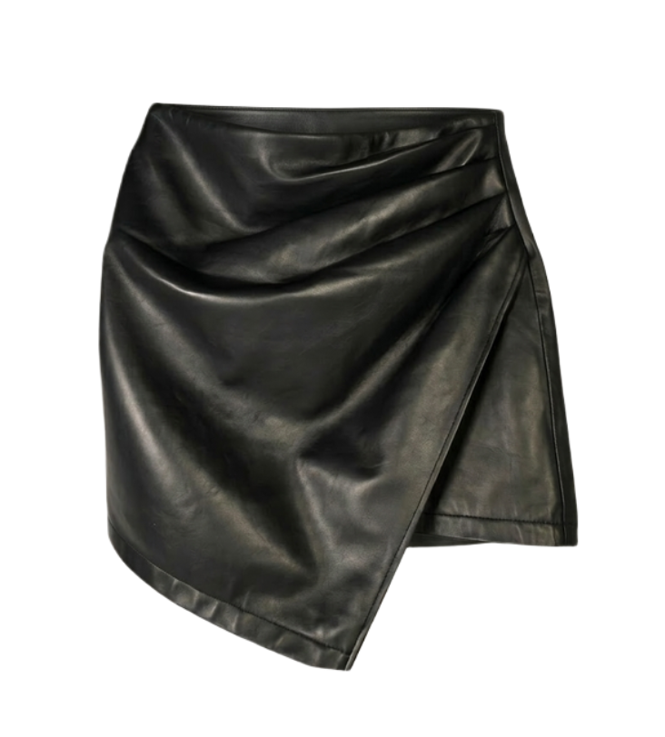 Women’s Black Leather Asymmetric Wrap Mini Skirt