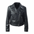 Women’s Classic Black Leather Moto Jacket with Belted Waist