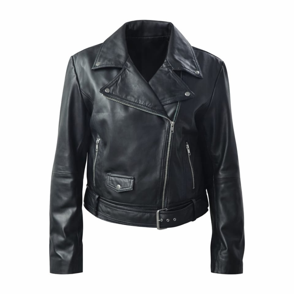 Women’s Classic Black Leather Moto Jacket with Belted Waist