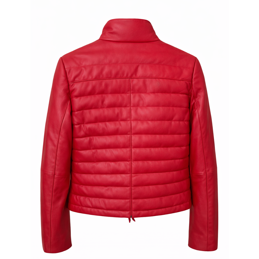 Women’s Crimson Red Leather Puffer Jacket