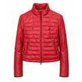 Front view of Women’s Crimson Red Leather Puffer Jacket made of genuine sheep leather with horizontal quilting and funnel neck by Tan Lerida