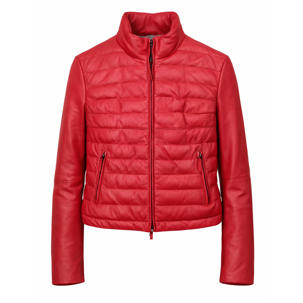 Front view of Women’s Crimson Red Leather Puffer Jacket made of genuine sheep leather with horizontal quilting and funnel neck by Tan Lerida
